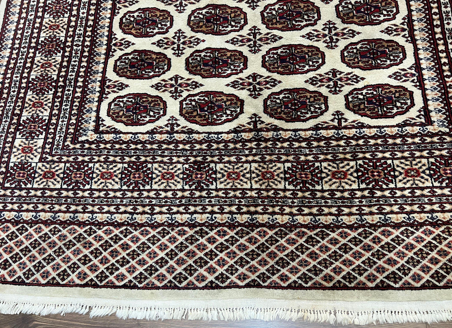 Pakistani Turkoman Rug 6x9, Cream and Red Hand Knotted Wool Oriental Carpet, Yamud Rug, Tribal Rug 6 x 9, Bohemian Area Rug, Bokhara Rug - Nuvé