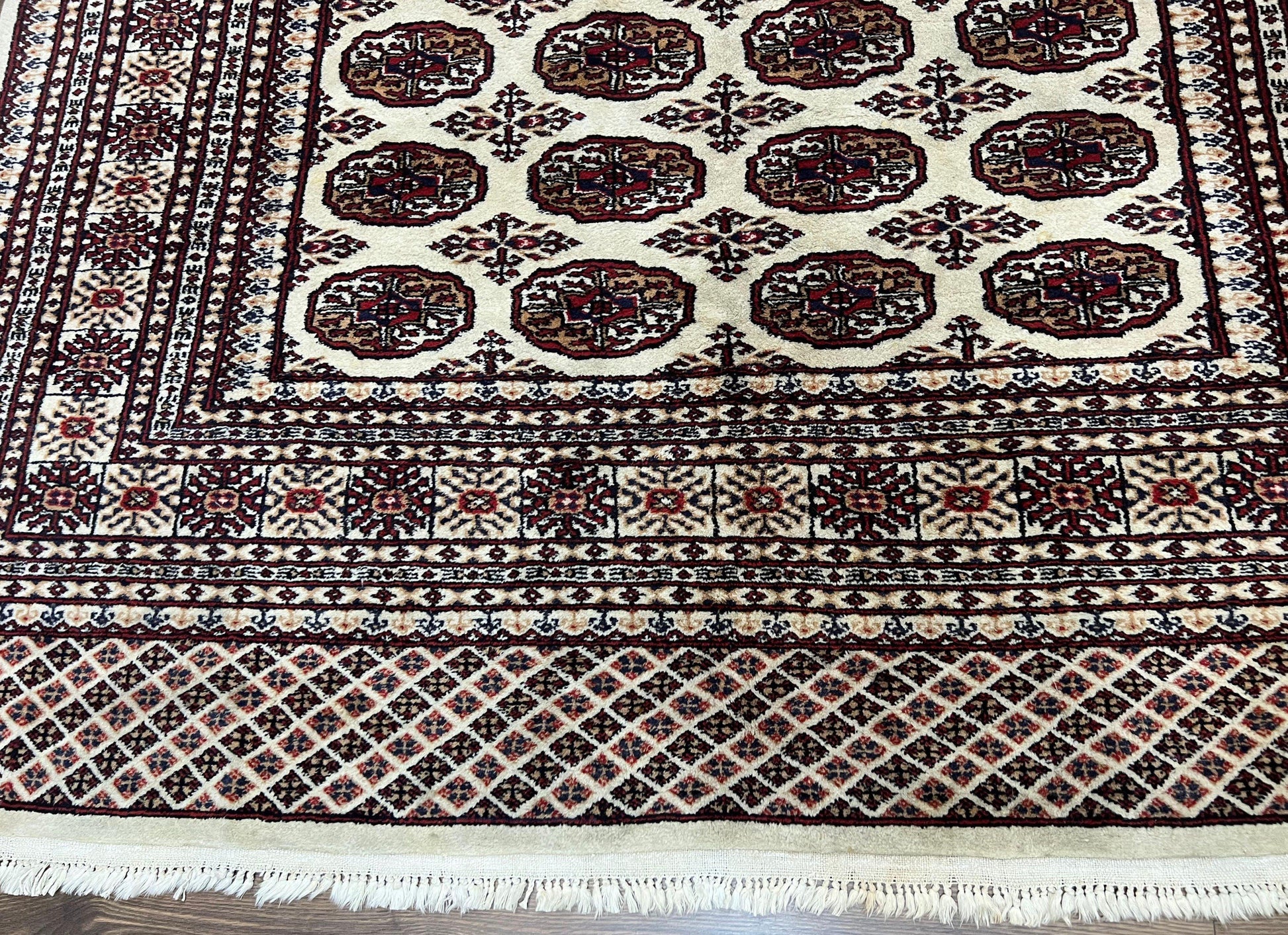 Pakistani Turkoman Rug 6x9, Cream and Red Hand Knotted Wool Oriental Carpet, Yamud Rug, Tribal Rug 6 x 9, Bohemian Area Rug, Bokhara Rug - Nuvé