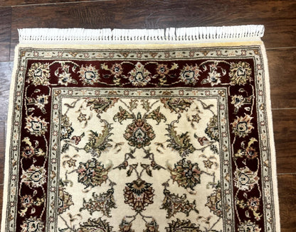 Pak Persian Runner Rug 2.8 x 8, Handmade Vintage Carpet, Beige and Maroon, Wool and Silk Highlights - Nuvé