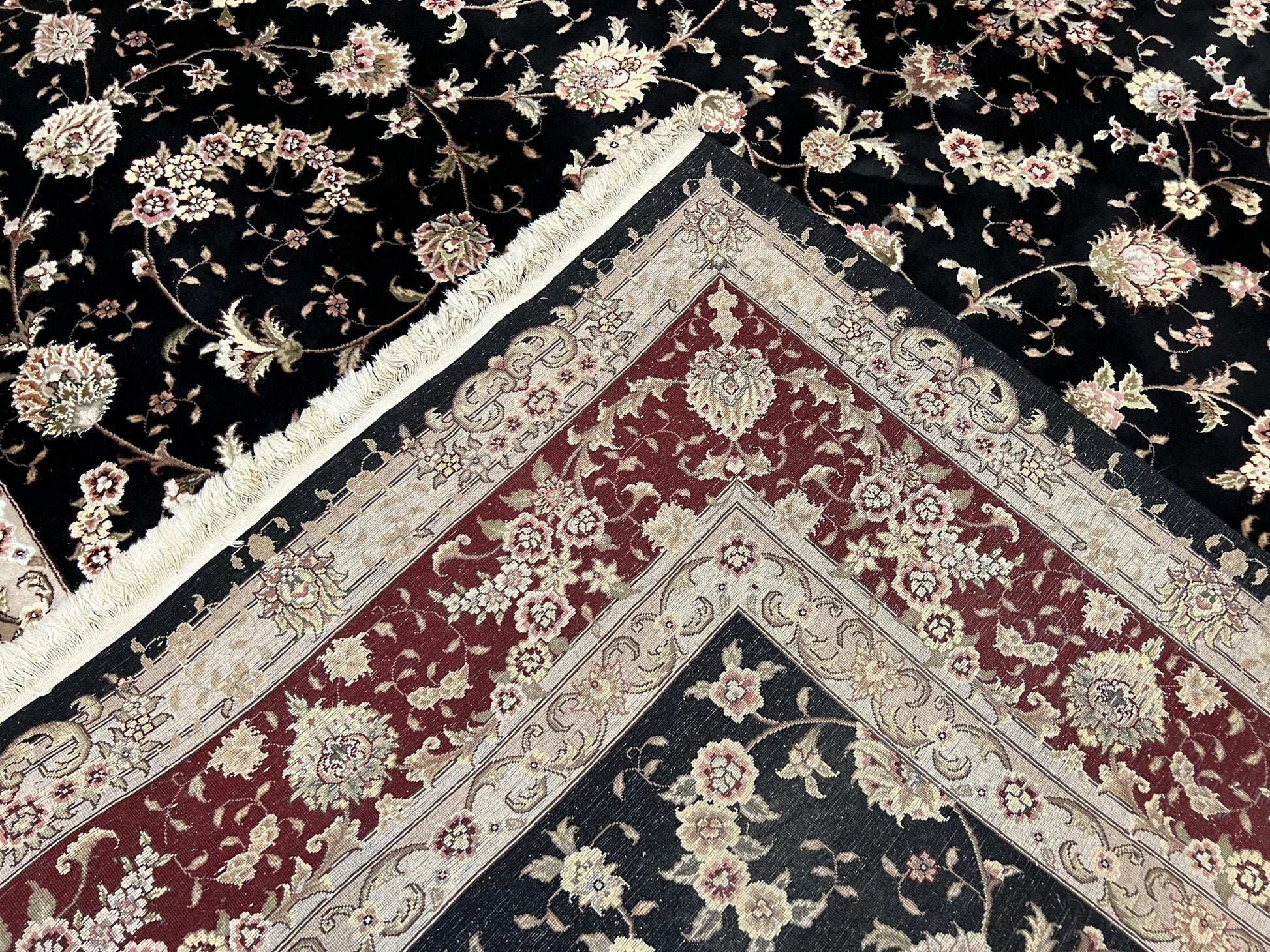 Sino Persian Rug 9x12, High Quality Oriental Carpet, Black and Maroon, Wool and Silk, Allover Floral Pattern, Hand Knotted, Vintage Rug Nice - Nuvé