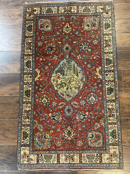 Small Persian Tabriz Rug 2.8 x 4.7, Red, Animal Pictorials, Semi Antique Vintage - Nuvé