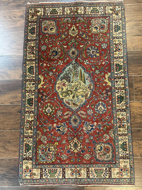 Small Persian Tabriz Rug 2.8 x 4.7, Red, Animal Pictorials, Semi Antique Vintage - Nuvé