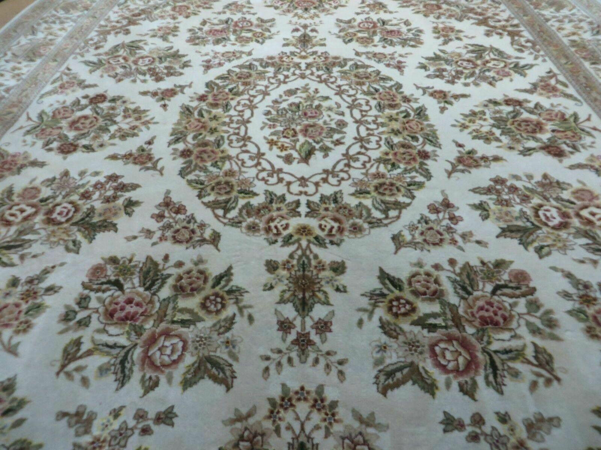 8' X 10' Handmade Chinese Floral Oriental Wool Silk Accent Rug Ivory Organic