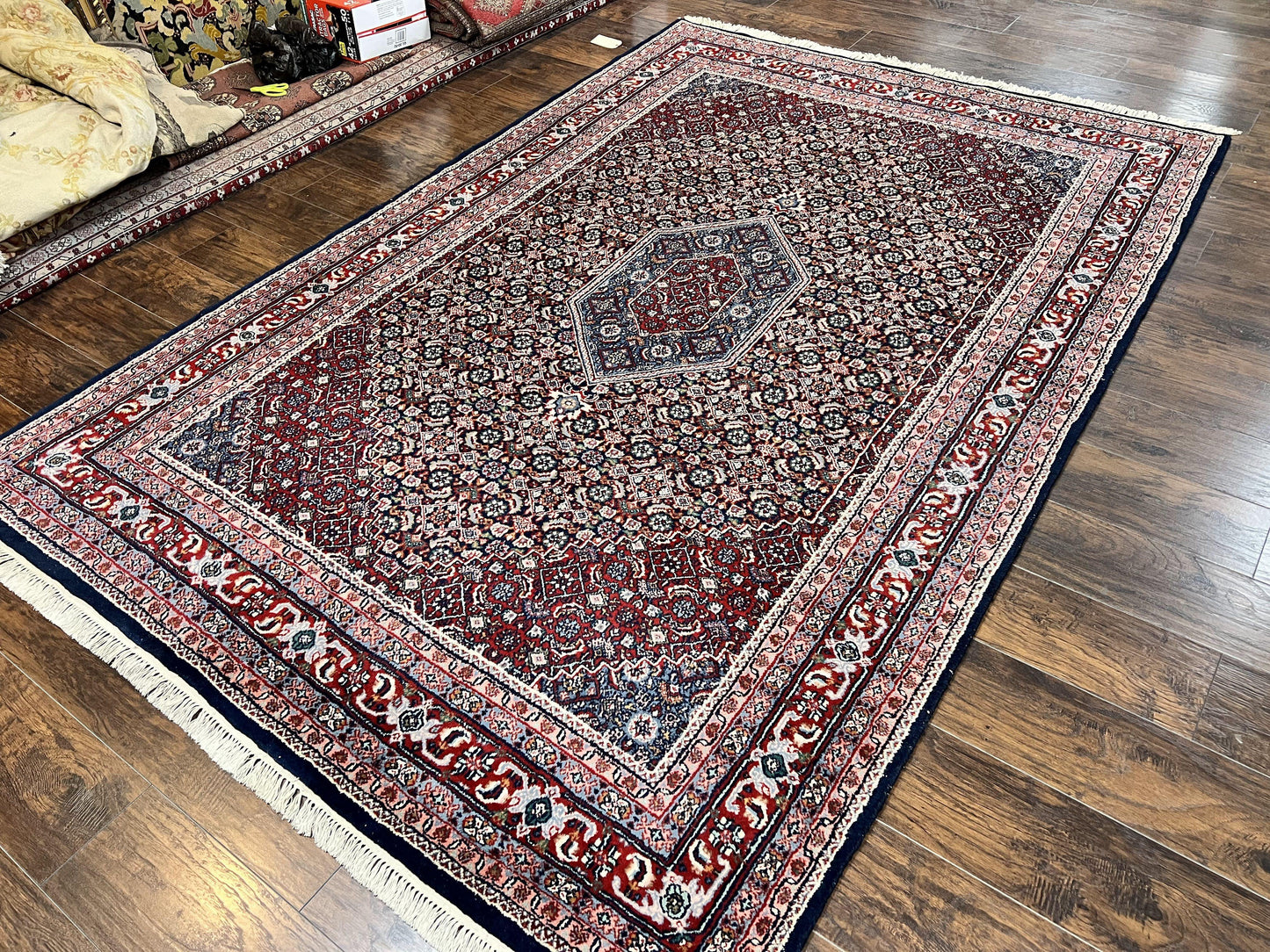 Indo Persian Rug 7x10, Dark Blue and Red Hand Knotted Wool Vintage Oriental Carpet 7 x 10 ft, Handmade Bidjar Rug, Herati Pattern Indian Rug - Nuvé