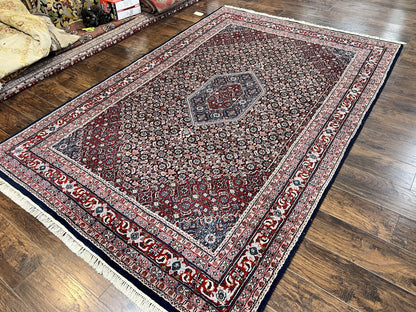 Indo Persian Rug 7x10, Dark Blue and Red Hand Knotted Wool Vintage Oriental Carpet 7 x 10 ft, Handmade Bidjar Rug, Herati Pattern Indian Rug - Nuvé