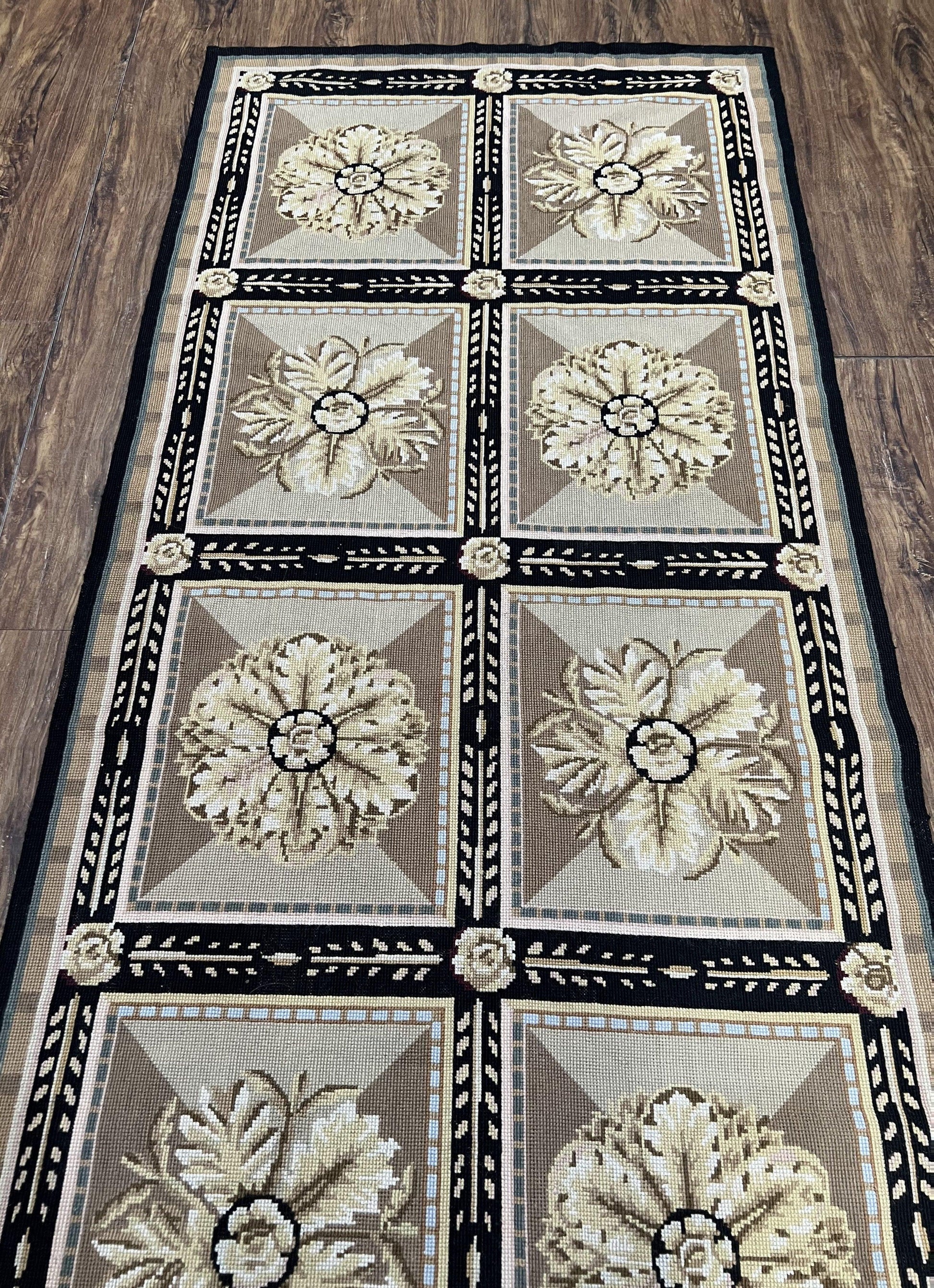 Needlepoint Runner Rug 3x8 Panel Design Rug, Flatweave Runner Rug, English Design, Floral, Short Runner Rug, Black and Beige Wool Hand-Woven - Nuvé