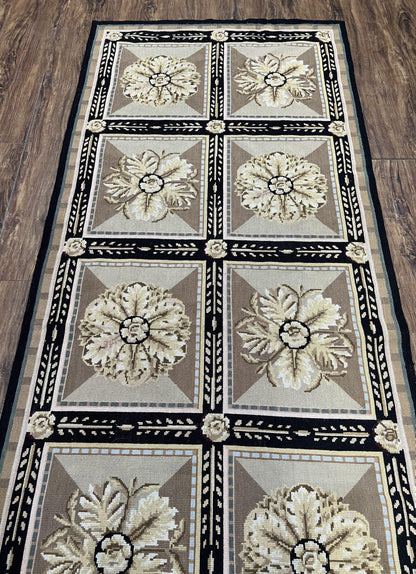 Needlepoint Runner Rug 3x8 Panel Design Rug, Flatweave Runner Rug, English Design, Floral, Short Runner Rug, Black and Beige Wool Hand-Woven - Nuvé