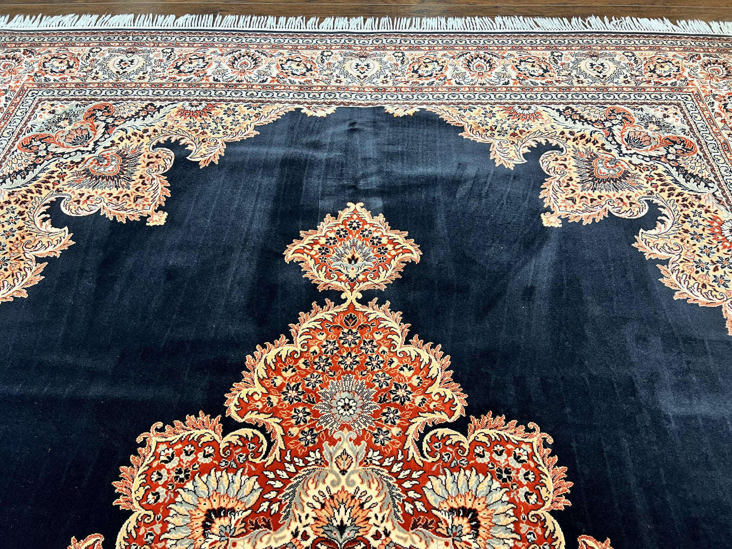 Karastan Rug 10x13, Karastan Ebony Kirman Rug, Room SIzed Wool Pile Vintage Karastan Carpet, Belgium Power Loomed Rug, Black Semi Open Field - Nuvé