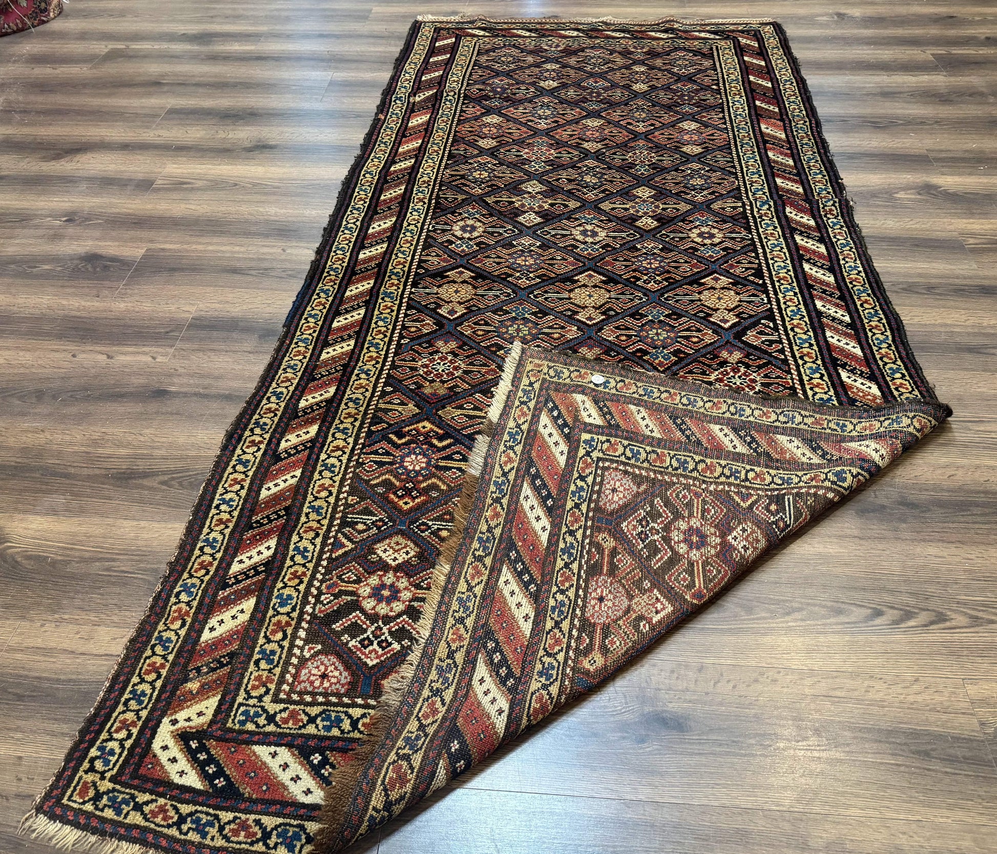 Antique Persian Wide Runner Rug 4x9, Kurdish Rug, Panel Design, Rainbow Border, Rare Tribal Rug - Nuvé