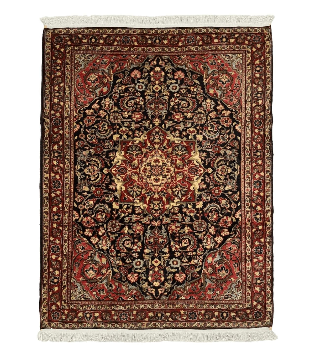 Antique Persian Sarouk Rug 4x5, Dark Blue and Red, Floral Medallion, Fine