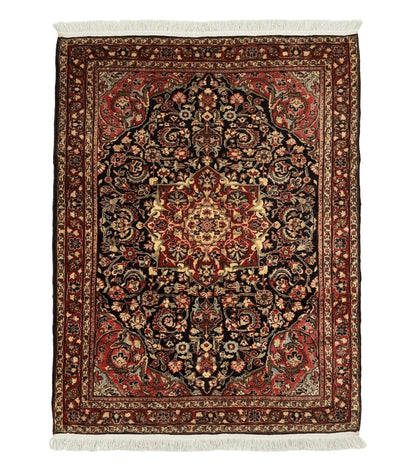 Antique Persian Sarouk Rug 4x5, Dark Blue and Red, Floral Medallion, Fine