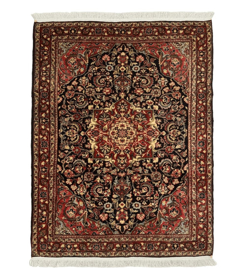 Antique Persian Sarouk Rug 4x5, Dark Blue and Red, Floral Medallion, Fine