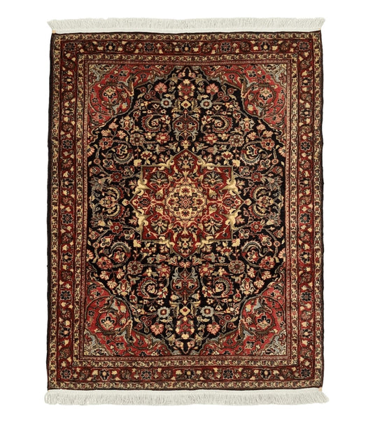 Antique Persian Sarouk Rug 4x5, Dark Blue and Red, Floral Medallion, Fine