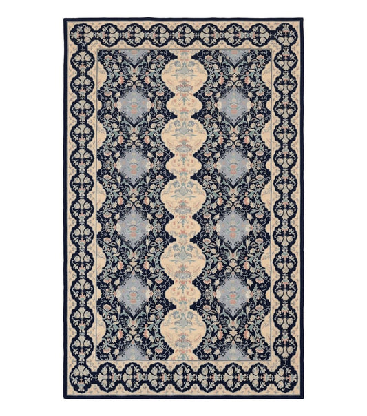 Needlepoint Rug 6x9, Ivory and Navy Blue