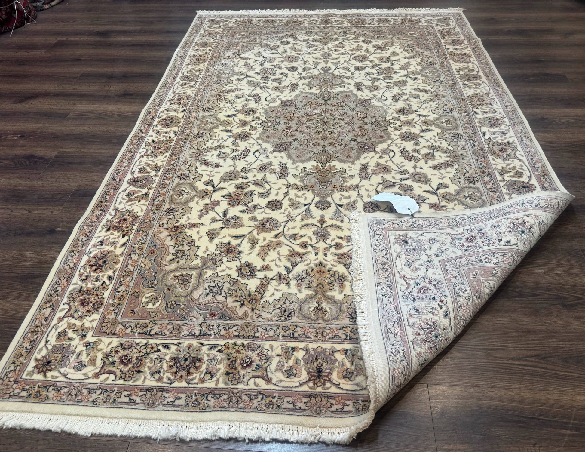Sino Persian Rug 6x9, Floral Medallion, Ivory & Taupe, Wool with Silk Highlights, Fine 210 KPSI - Nuvé