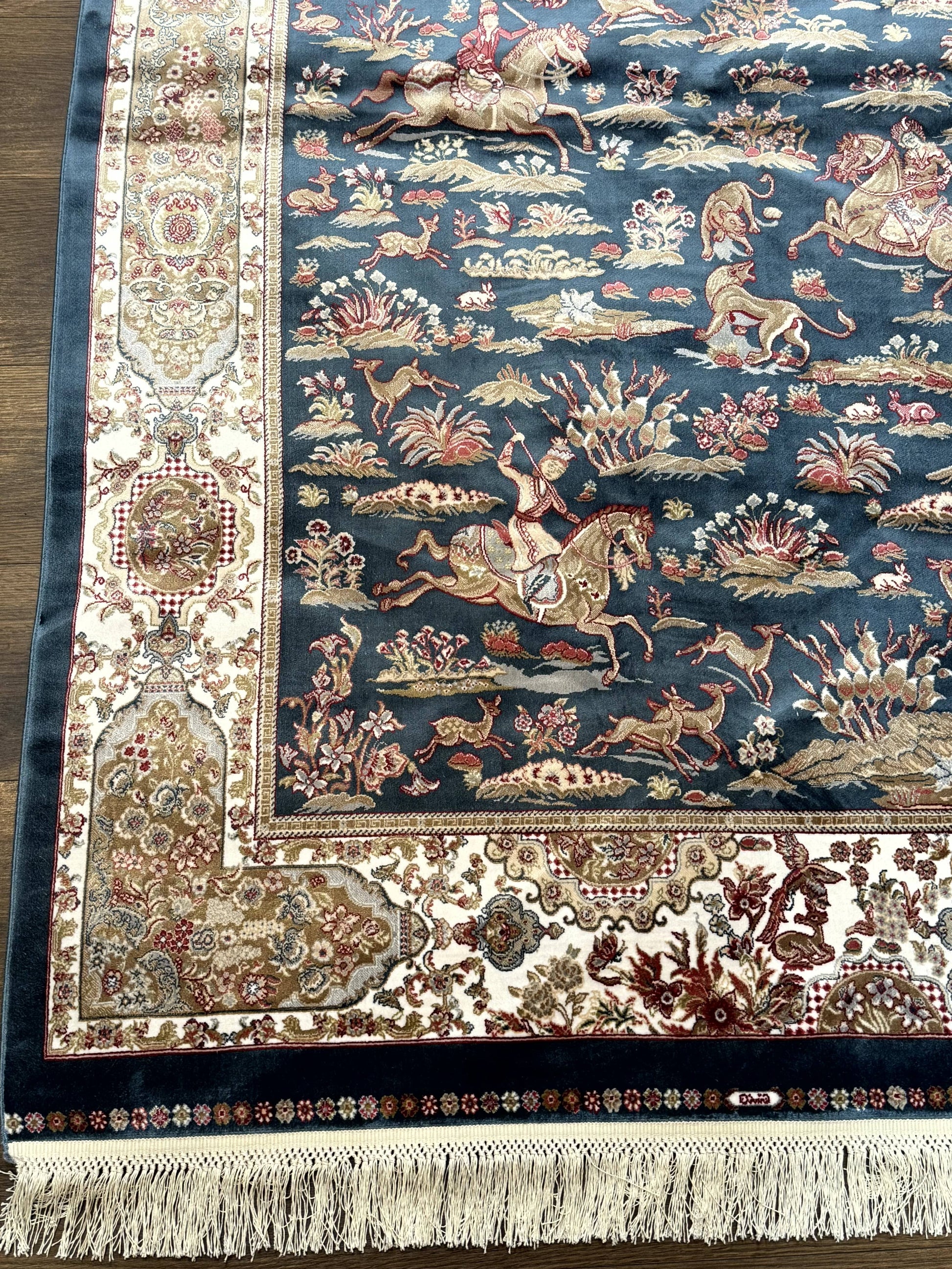 Turkish Silk Hunting Design Rug 4x6, Dark Steel Blue & Ivory, Bamboo Silk, New - Nuvé