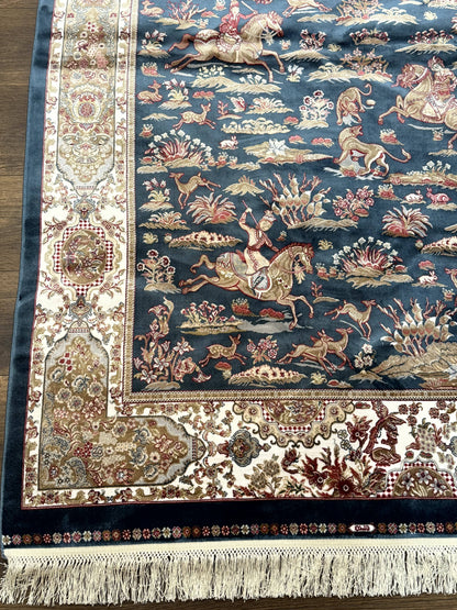 Turkish Silk Hunting Design Rug 4x6, Dark Steel Blue & Ivory, Bamboo Silk, New - Nuvé