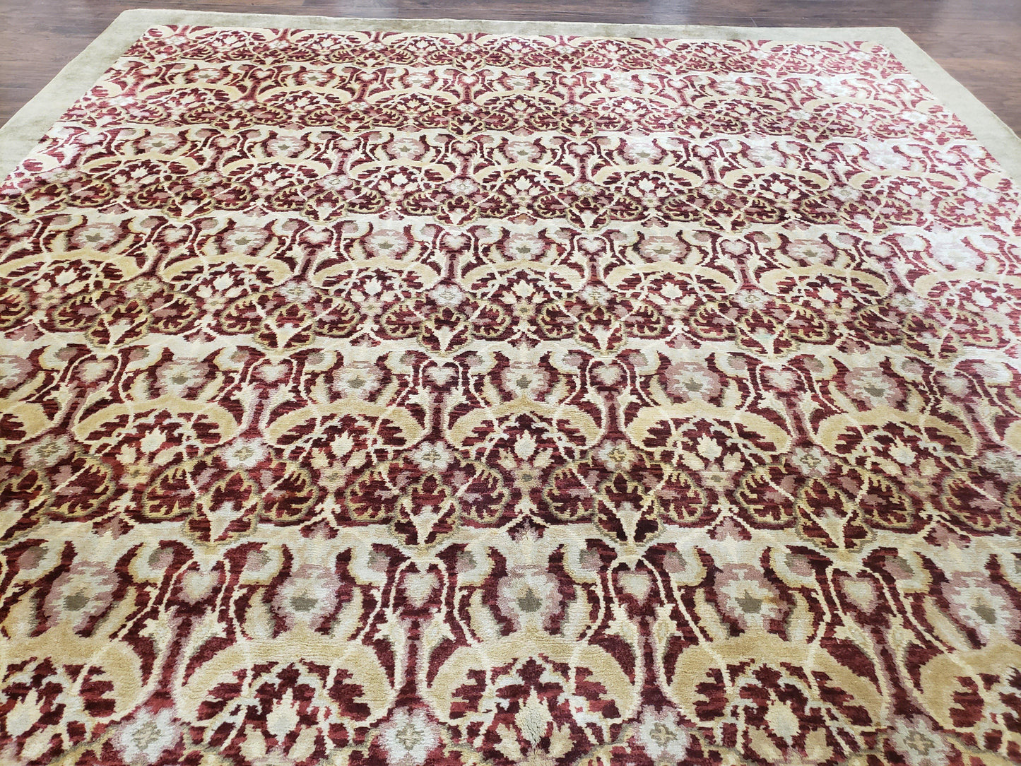 Contemporary Indian Nepalese Room Sized Rug 9 x 11.6, Wool Hand-Knotted Dark Red & Beige Soft Carpet, 9 x 12 Masterloom Living Room Rug - Nuvé