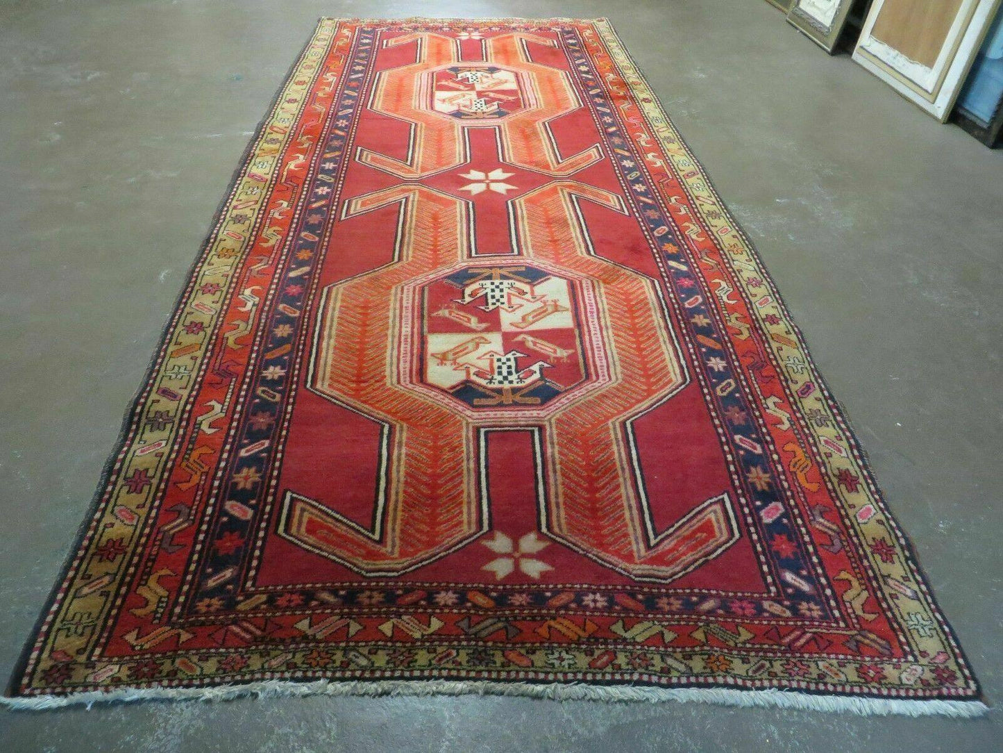 4' 10" X 11' Antique Handmade Turkish Kazak Wool Rug SHIELD Hand Knotted Red - Nuvé