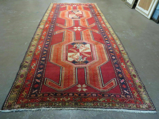 4' 10" X 11' Antique Handmade Turkish Kazak Wool Rug SHIELD Hand Knotted Red - Nuvé