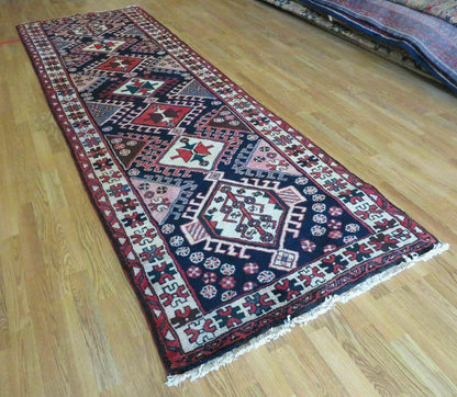 Persian Runner Rug 3.5 x 10.7, Karajeh Heriz Rug, Navy Blue, Geometric Medallions - Nuvé