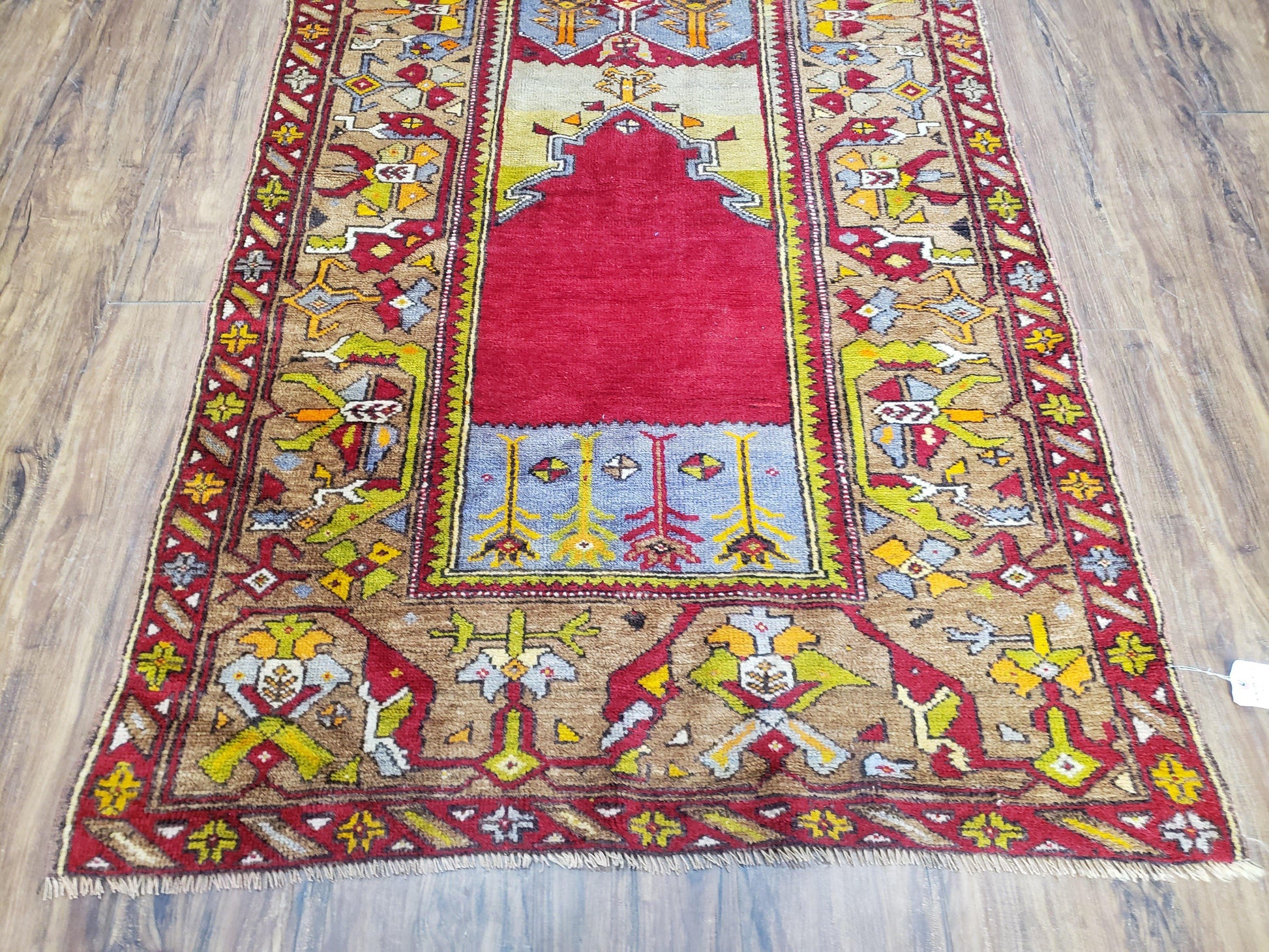 Antique Turkish Prayer Rug 3.8 x 5ft, Colorful Prayer Rug, Red Blue Gold Multicolor Turkish Anatolian Carpet, Handmade Hand-Knotted, Wool - Nuvé