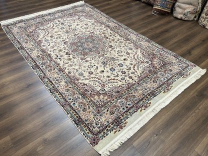 Beautiful Pak Persian Rug 6x9, Floral Medallion, Wool and Silk, Highly Detailed Elegant Carpet, Vintage Oriental Rug 6 x 9, Cream and Gray - Nuvé