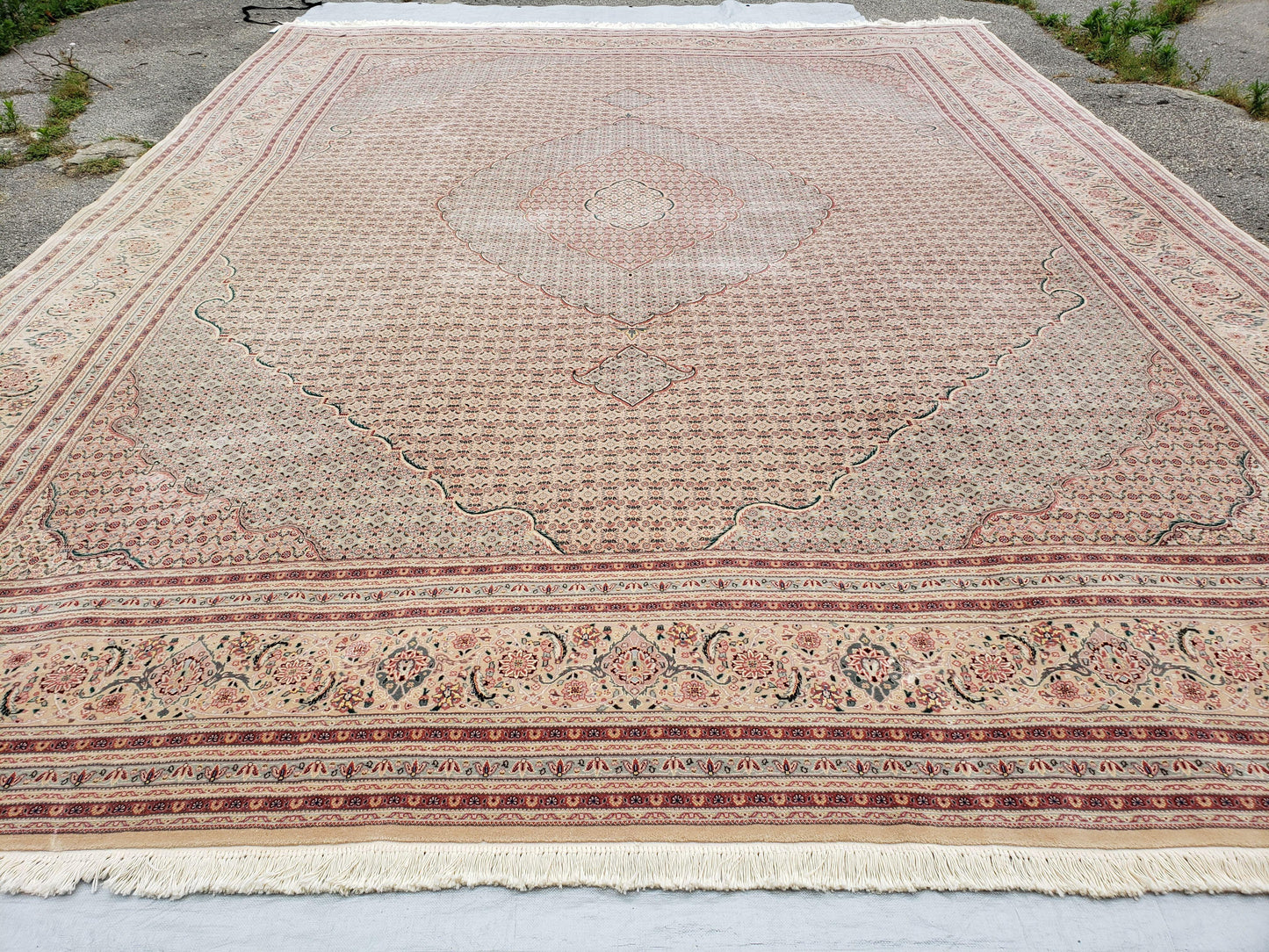Stunning Oversized Sino Persian Oriental Rug 12x15, Hand Knotted Wool & Silk Palace Sized Carpet, Mahi Pattern, Very Fine, Peach Beige, Wow - Nuvé
