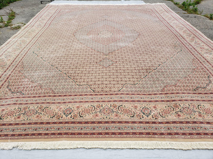 Stunning Oversized Sino Persian Oriental Rug 12x15, Hand Knotted Wool & Silk Palace Sized Carpet, Mahi Pattern, Very Fine, Peach Beige, Wow - Nuvé