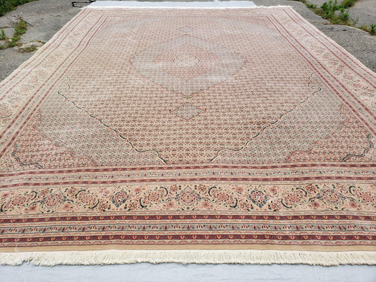 Stunning Oversized Sino Persian Oriental Rug 12x15, Hand Knotted Wool & Silk Palace Sized Carpet, Mahi Pattern, Very Fine, Peach Beige, Wow - Nuvé