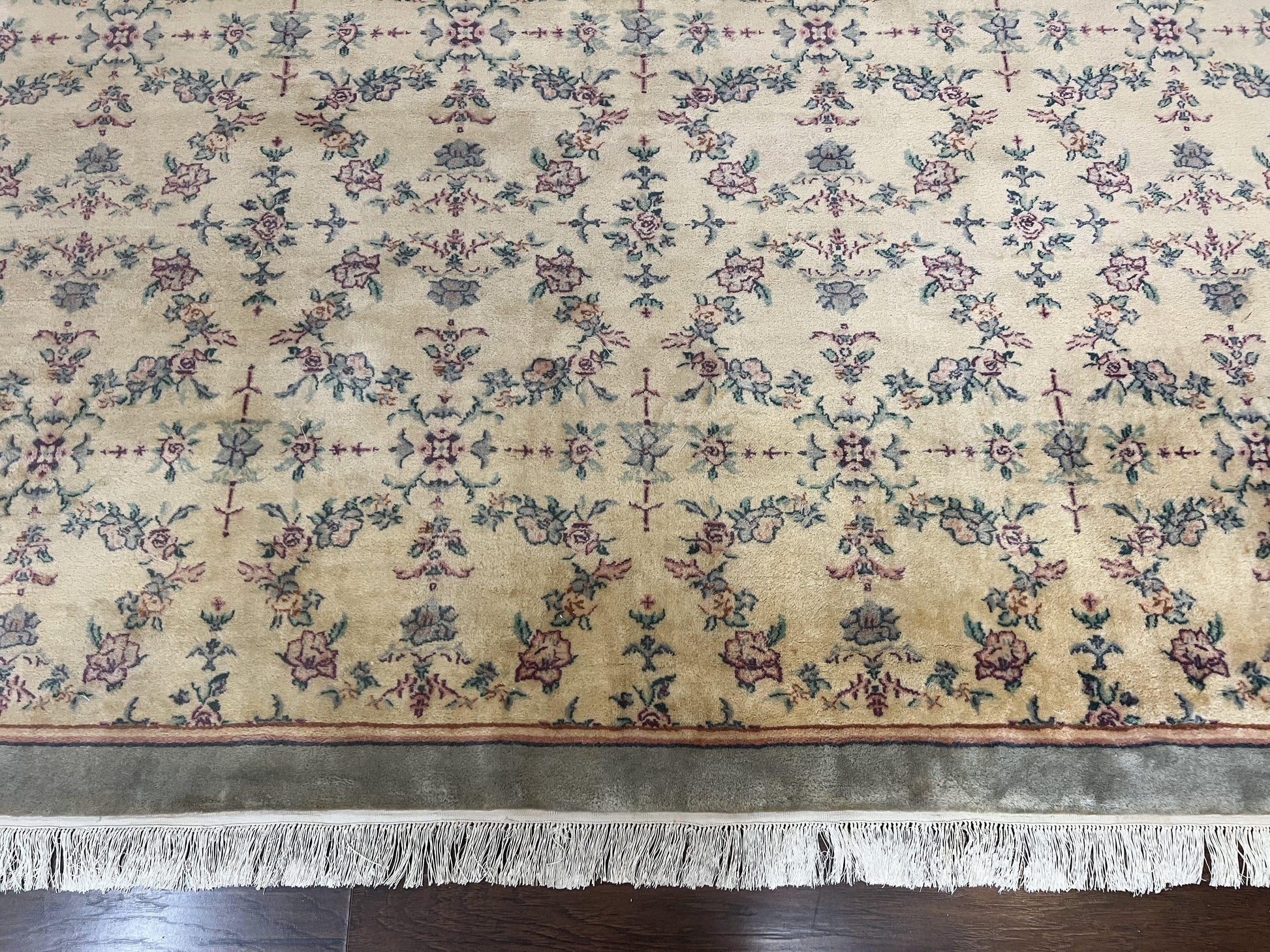 Sino Persian Rug 8x10, Floral, Oatmeal and Light Teal, Handmade Wool Vintage Carpet - Nuvé
