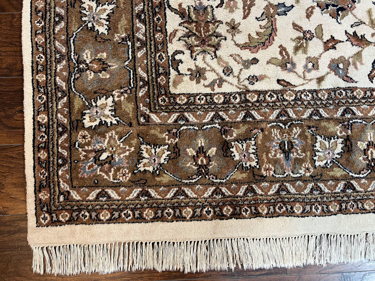 Indo Kirman Rug 8x12 Allover Floral Design, Ivory/Cream Brown, Vintage Handmade Hand Knotted Rug, Traditional Wool Persian Carpet 8 x 12 - Nuvé