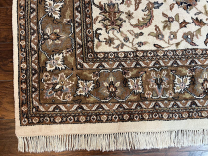 Indo Kirman Rug 8x12 Allover Floral Design, Ivory/Cream Brown, Vintage Handmade Hand Knotted Rug, Traditional Wool Persian Carpet 8 x 12 - Nuvé