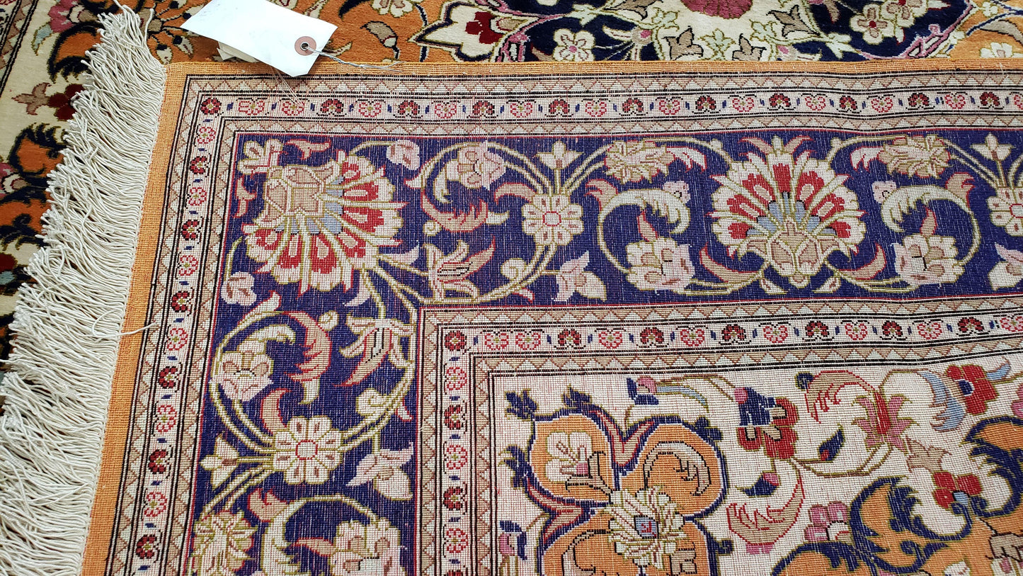 Vintage Persian Qum Silk Rug 4.6 x 6.7, Burnt Orange and Navy Blue, Antique Oriental Very Fine Signature Master Weaver 350+ KPSI Ghom Qom 5x7 Rug - Nuvé