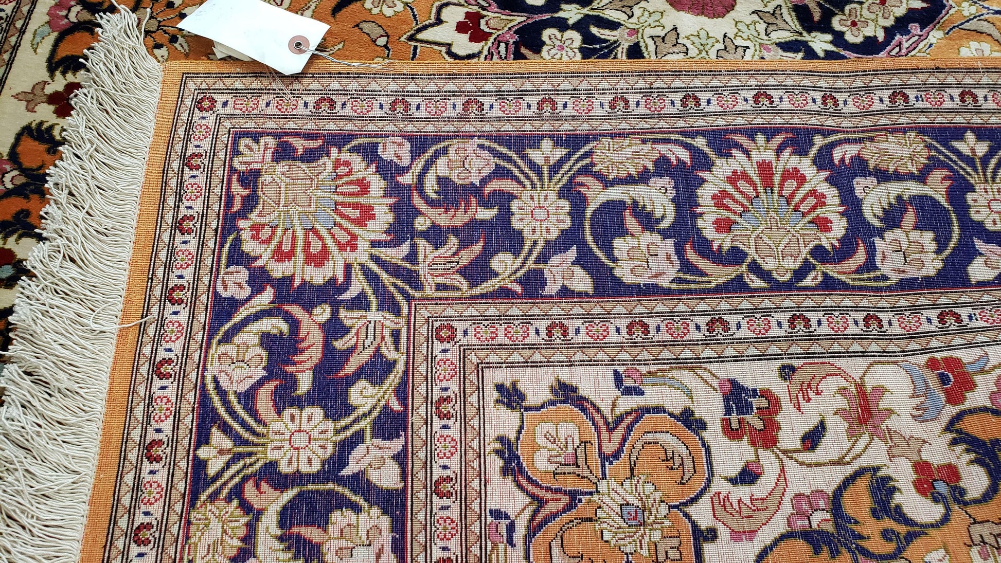 Vintage Persian Qum Silk Rug 4.6 x 6.7, Burnt Orange and Navy Blue, Antique Oriental Very Fine Signature Master Weaver 350+ KPSI Ghom Qom 5x7 Rug - Nuvé