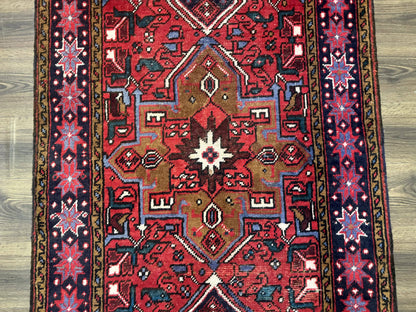 Persian Heriz Karajeh Runner Rug 3.7 x 12, Geometric Medallions, Red and Navy Blue - Nuvé