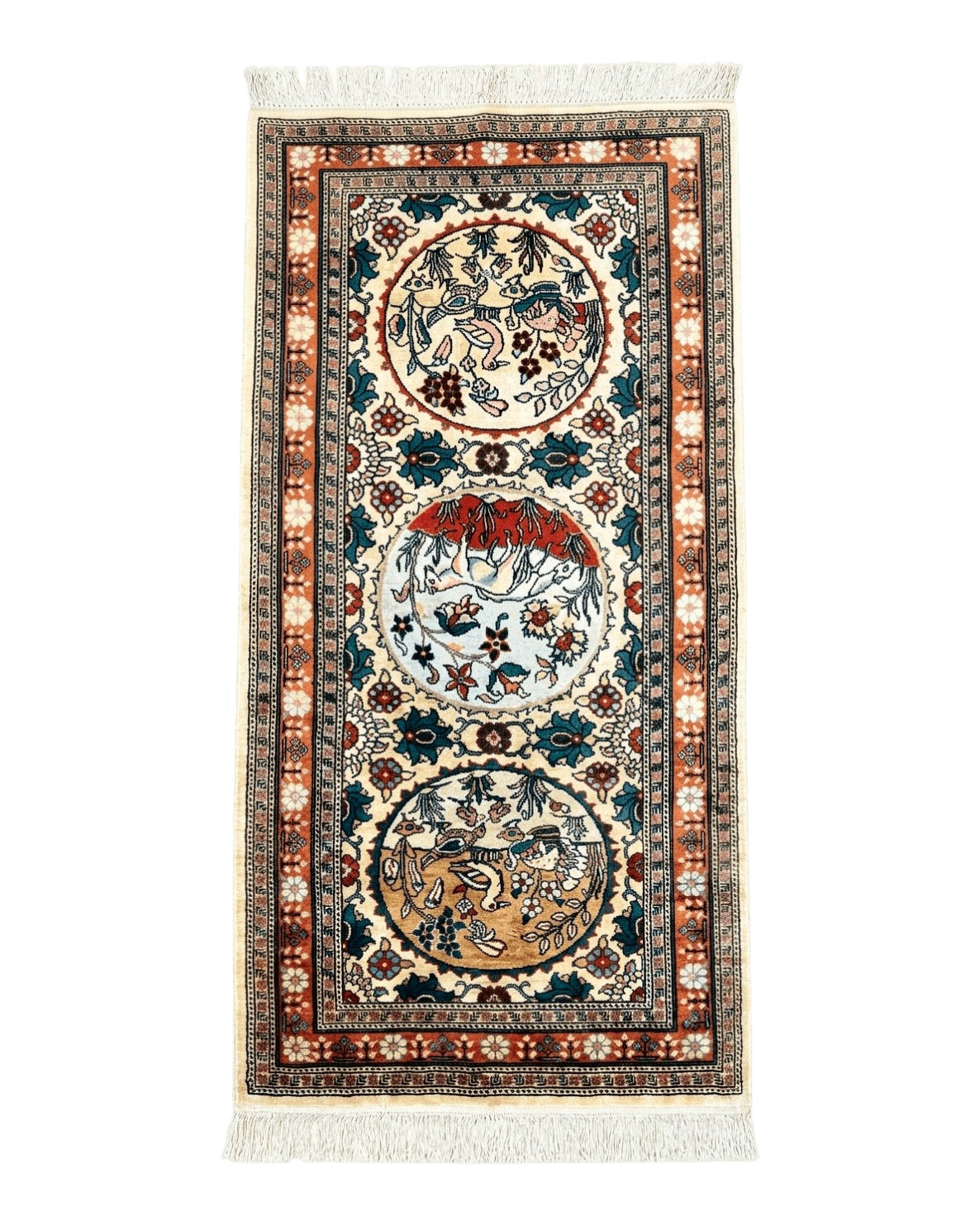 Silk Turkish Rug 2x4, Fine Handmade Oriental Rug, Animal Pictorial Birds Silk Pile on Silk Foundation Vintage Hand Knotted Hereke Carpet
