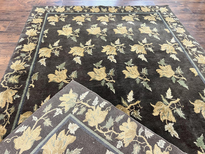Tibetan Nepal Rug 6x9, Wool Hand Knotted Vintage Carpet 6 x 9, Dark Green & Golden Yellow, Floral Bouquets - Nuvé