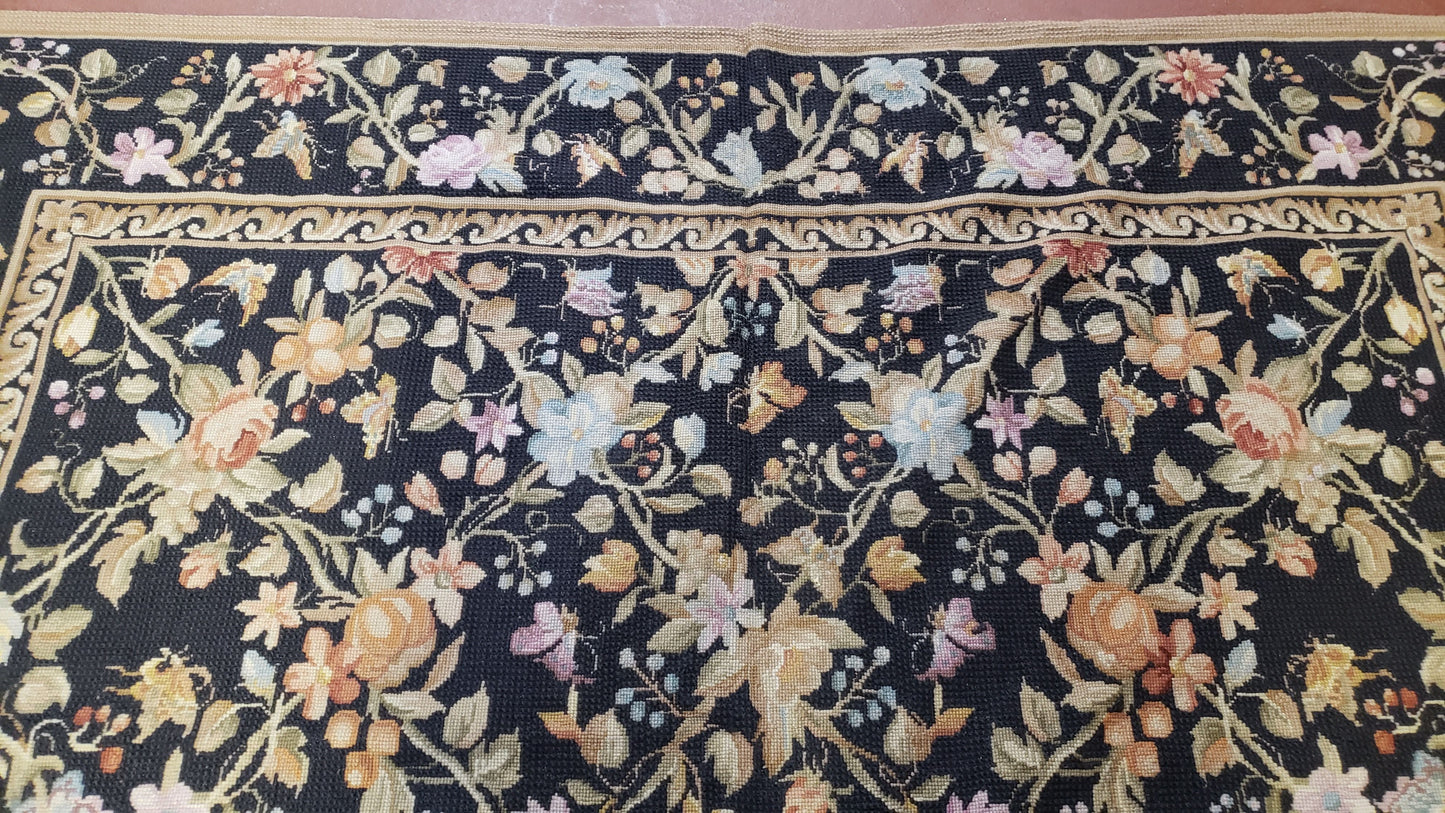 6x9 Vintage Needlepoint Rug, Petitepoint Carpet, Butterflies Floral Design