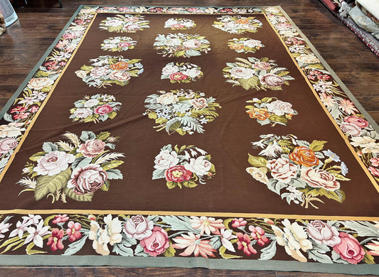 Vintage Needlepoint Rug 9x12, Large Handmade Hand-woven Needlepoint Carpet, Brown Area Rug, Floral Bouquets, Wool Rug, European Design - Nuvé