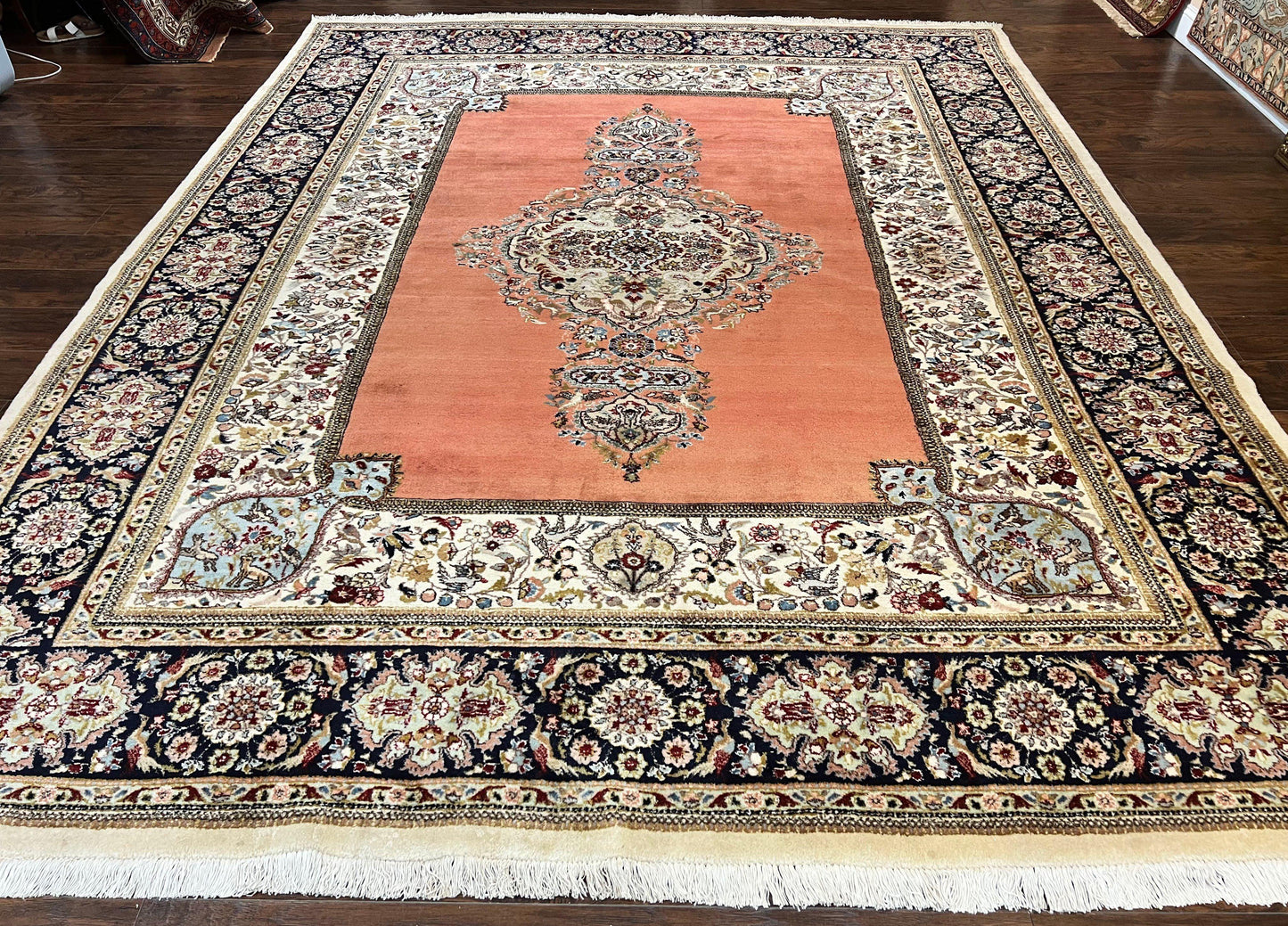 Persian Tabriz Rug 10x13, Wool Hand Knotted Vintage Carpet, Salmon Red & Ivory, Semi Open Field, Birds & Animal Motifs, Large Rug - Nuvé