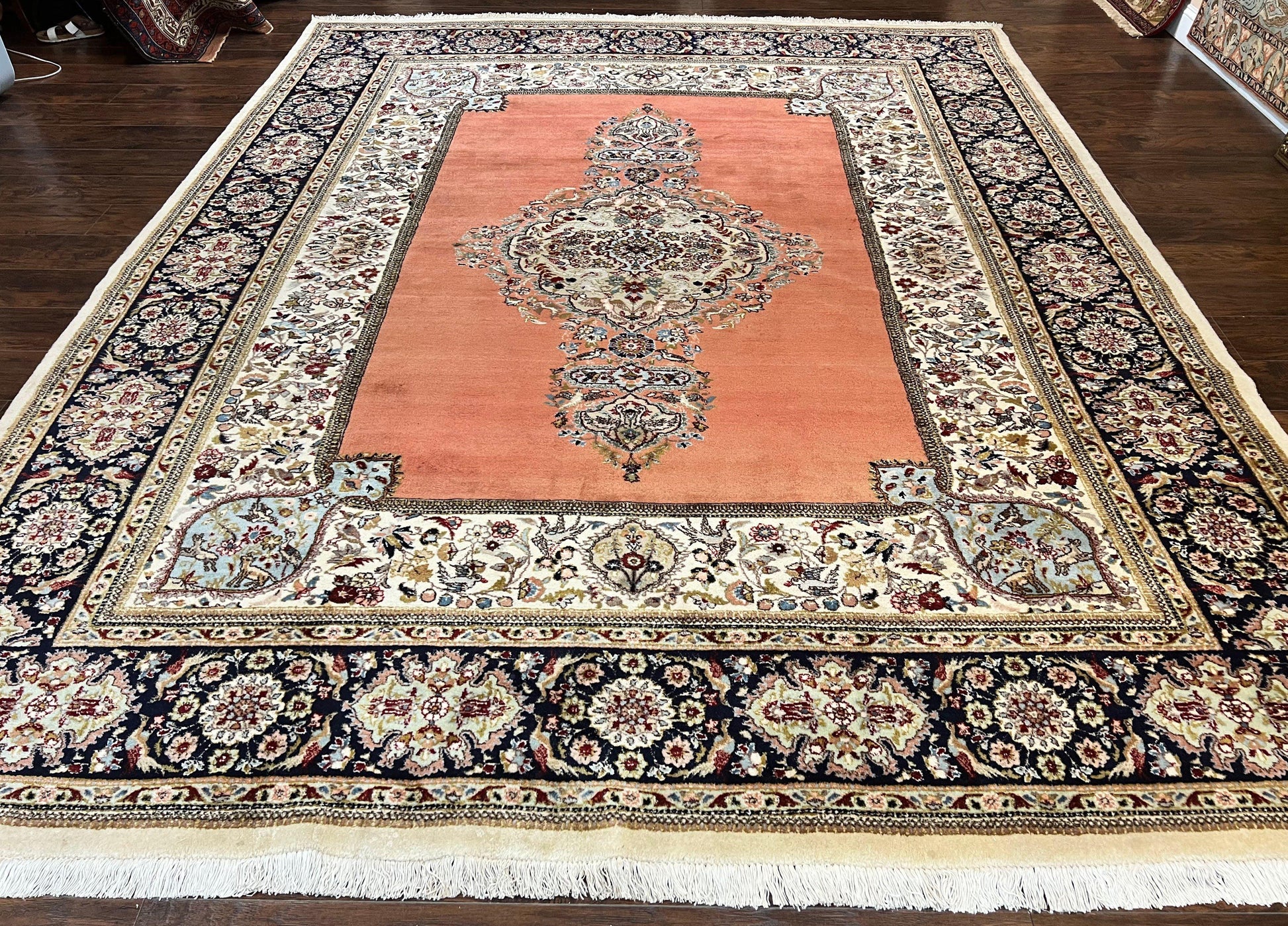 Persian Tabriz Rug 10x13, Wool Hand Knotted Vintage Carpet, Salmon Red & Ivory, Semi Open Field, Birds & Animal Motifs, Large Rug - Nuvé