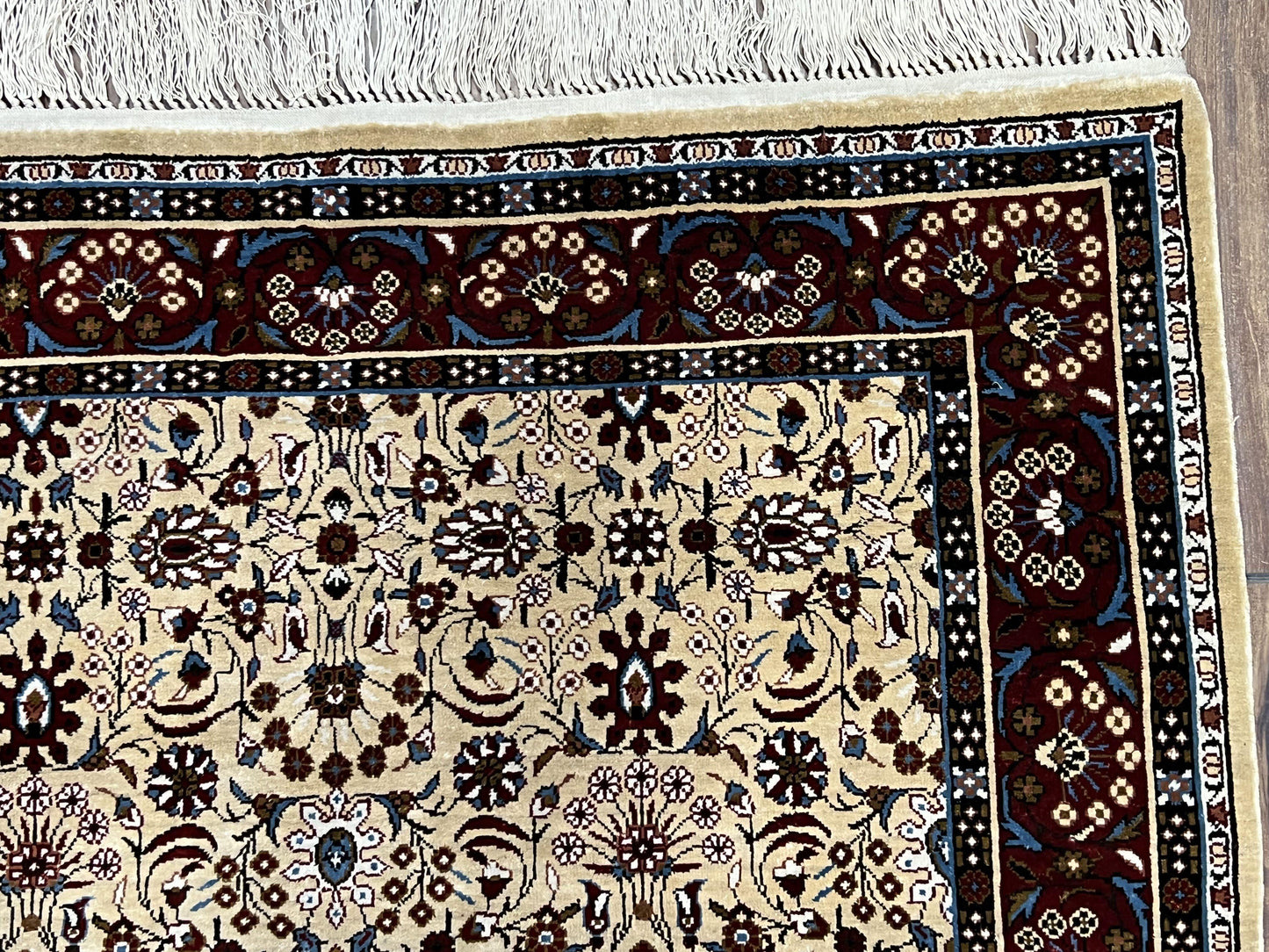 Fine Sino-Persian Silk Rug 3x5, High Quality Silk Carpet, Handmade Small Silk Rug, Allover Repeated Motif, Tan Maroon Blue Vintage Silk Rug - Nuvé