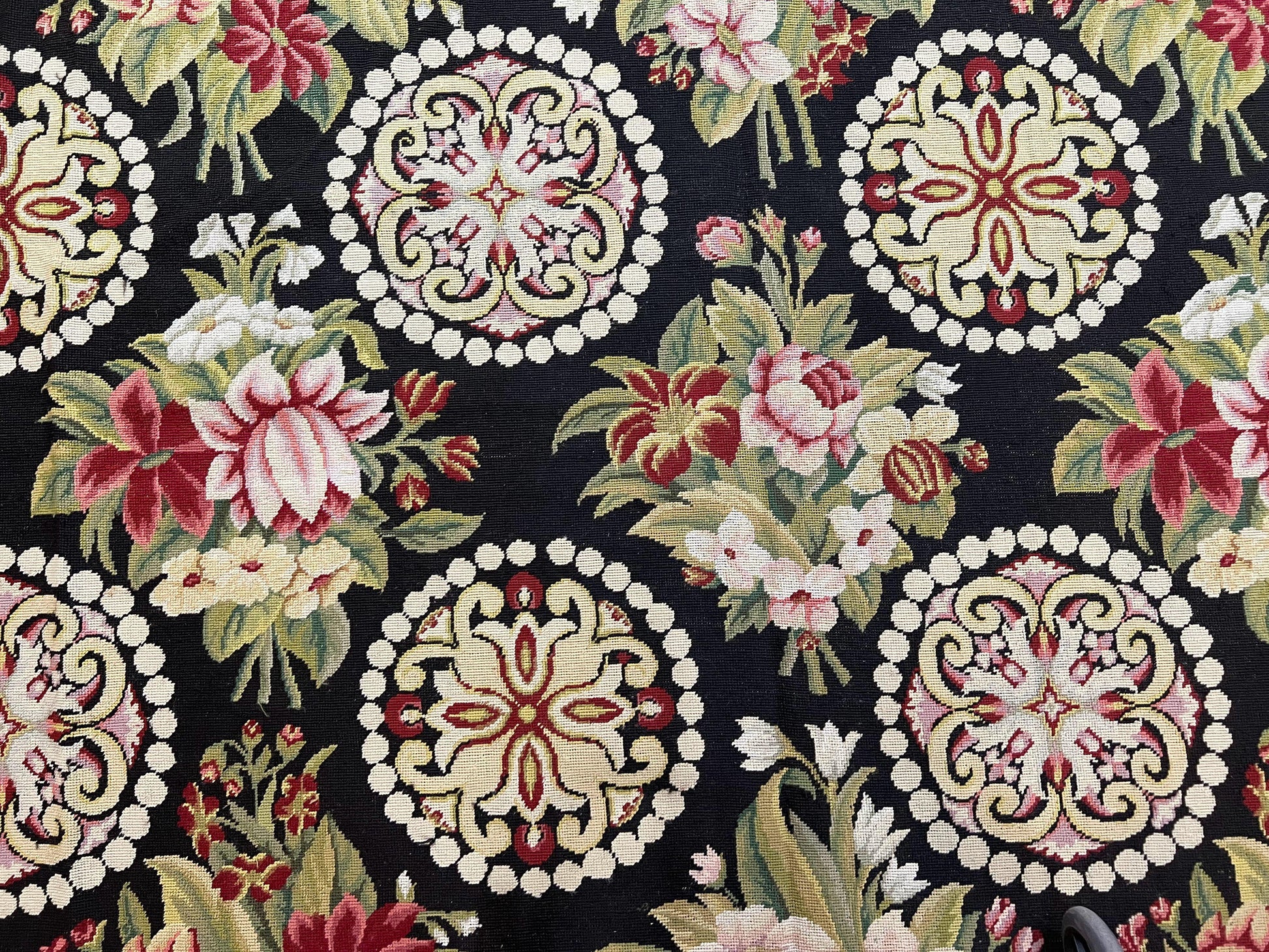 9x12 Black Needlepoint Rug, European Floral Panel Design, Handwoven, Vintage Chinese Needlepoint, Black Green Beige, Wool Rug 9 x 12 - Nuvé