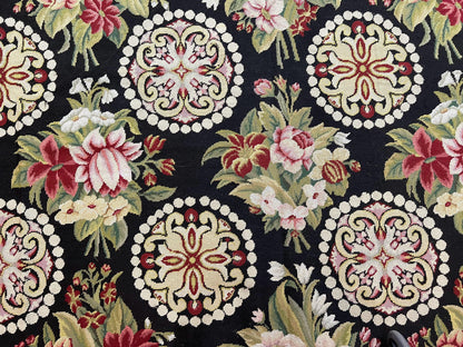 9x12 Black Needlepoint Rug, European Floral Panel Design, Handwoven, Vintage Chinese Needlepoint, Black Green Beige, Wool Rug 9 x 12 - Nuvé