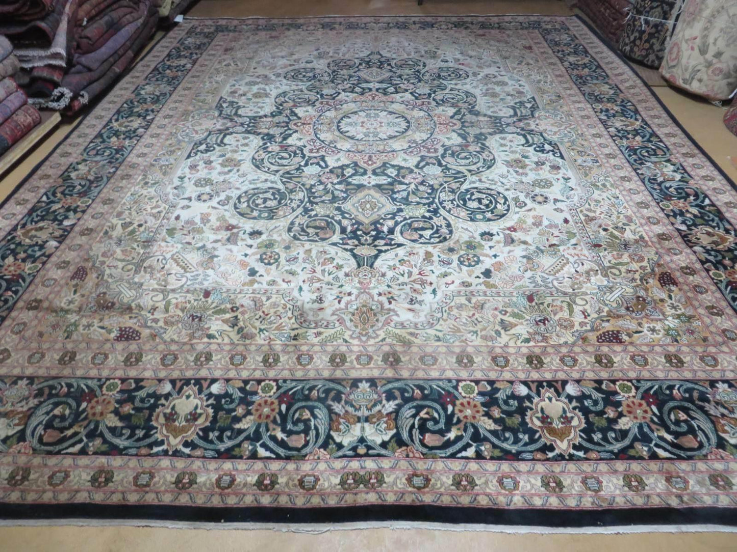 Beautiful Sino Persian Rug 9x12, Elegant High Quality Handmade Wool Oriental Carpet, Medallion with Corner Design, Floral, Black and Ivory - Nuvé