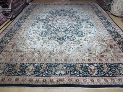 Beautiful Sino Persian Rug 9x12, Elegant High Quality Handmade Wool Oriental Carpet, Medallion with Corner Design, Floral, Black and Ivory - Nuvé