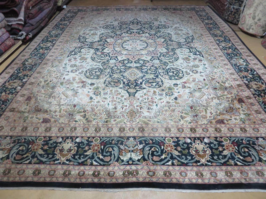Beautiful Sino Persian Rug 9x12, Elegant High Quality Handmade Wool Oriental Carpet, Medallion with Corner Design, Floral, Black and Ivory - Nuvé