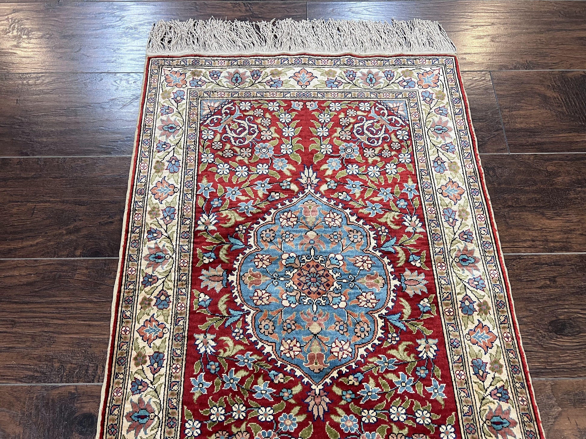 Silk Turkish Kayseri Rug 2x3, Small All Silk Turkish Carpet, Red and Light Blue, Very Fine Hand Knotted Semi Antique Vintage Handmade Rug - Nuvé