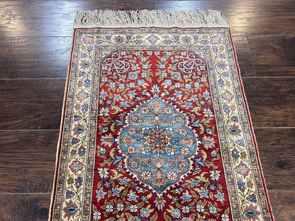 Silk Turkish Kayseri Rug 2x3, Small All Silk Turkish Carpet, Red and Light Blue, Very Fine Hand Knotted Semi Antique Vintage Handmade Rug - Nuvé